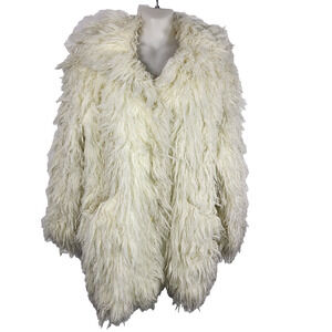 Vintage GDT Too Womens Shaggy Yarn Jacket Size M Cream Snap Front Faux Fur 80s